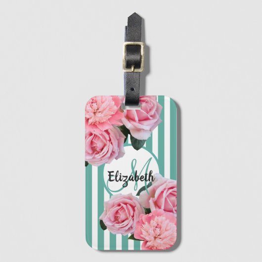 Étiquette À Bagage Flores roses vert rayures blanches monogramme (Devant Vertical)