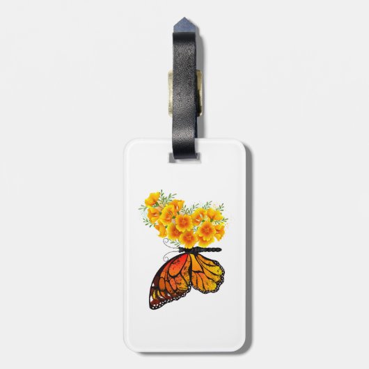 Étiquette À Bagage Flower Butterfly with Yellow California Poppy (Dos Vertical)