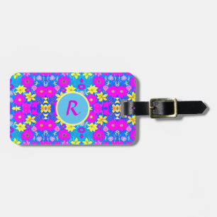 Étiquette À Bagage Fond à motif de fleurs rose bleu jaune ajouter nom
