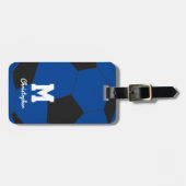 Étiquette À Bagage Foot Monogramme Bleu & Nom (Devant horizontal)