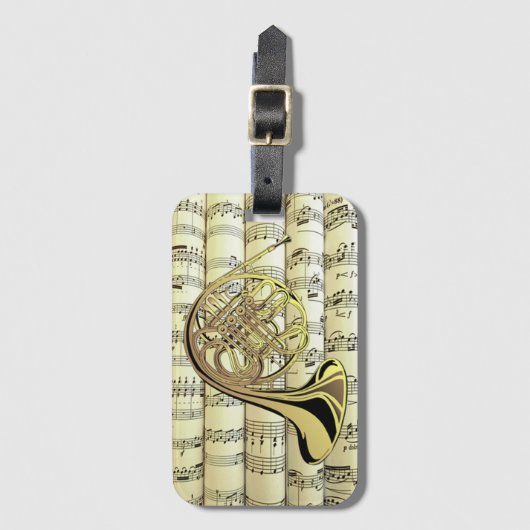 Étiquette À Bagage French Horn On Rolled Sheet Music ~ (Devant Vertical)