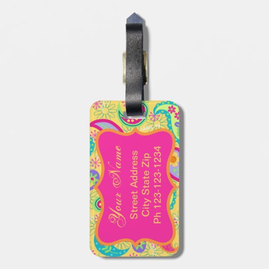 Étiquette À Bagage Fuchsia jaune rose moderne Paisson Monogramme (Dos Vertical)