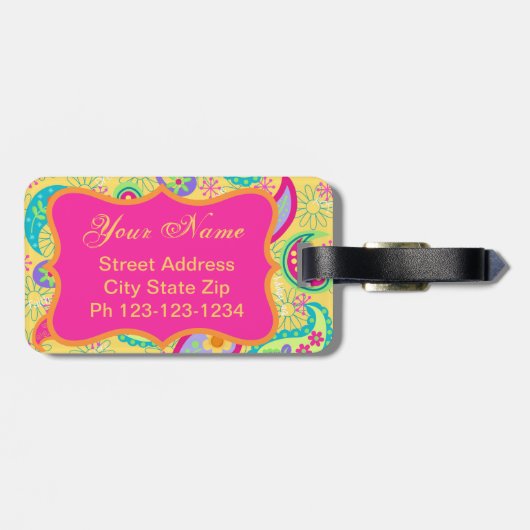 Étiquette À Bagage Fuchsia jaune rose moderne Paisson Monogramme (Dos horizontal)