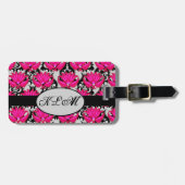 Étiquette À Bagage Fuchsia rose noir gris parisien Damask Monogramme (Devant horizontal)