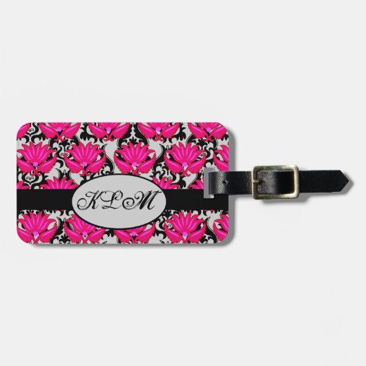 Étiquette À Bagage Fuchsia rose noir gris parisien Damask Monogramme (Devant horizontal)