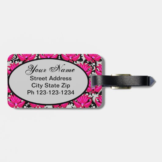 Étiquette À Bagage Fuchsia rose noir gris parisien Damask Monogramme (Dos horizontal)