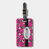 Étiquette À Bagage Fuchsia rose noir gris parisien Damask Monogramme (Devant Vertical)