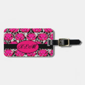 Étiquette À Bagage Fuchsia rose noir gris parisien Damask Monogramme (Devant horizontal)
