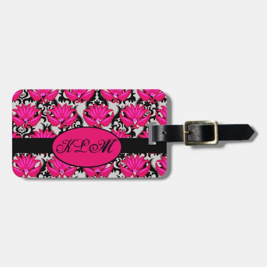Étiquette À Bagage Fuchsia rose noir gris parisien Damask Monogramme (Devant horizontal)
