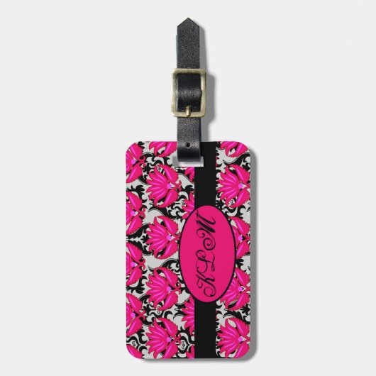 Étiquette À Bagage Fuchsia rose noir gris parisien Damask Monogramme (Devant Vertical)