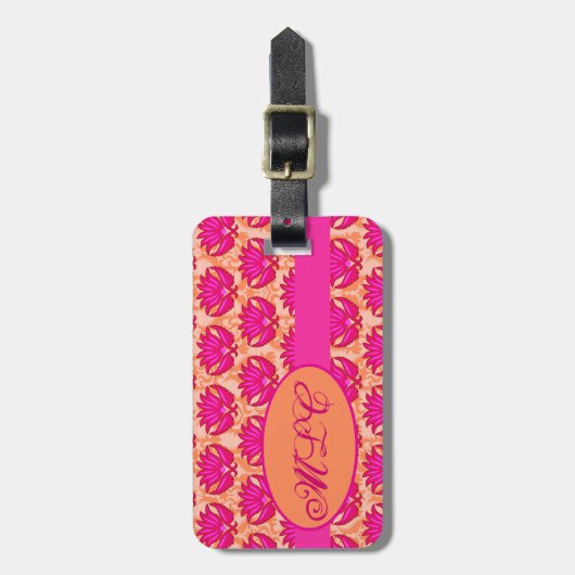 Étiquette À Bagage Fuchsia rose orange Art nouveau Damask Monogramme (Devant Vertical)