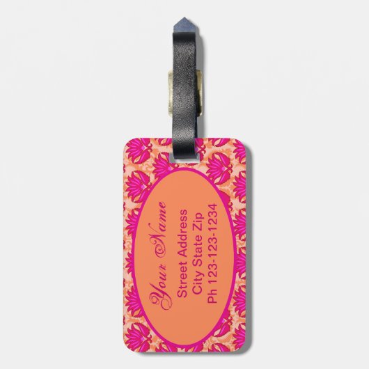 Étiquette À Bagage Fuchsia rose orange Art nouveau Damask Monogramme (Dos Vertical)