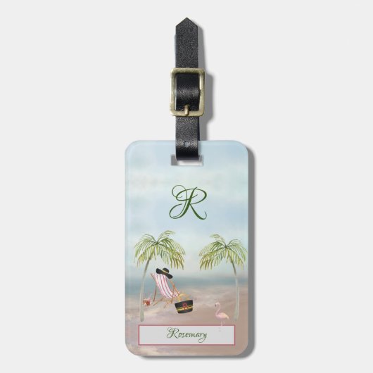 Étiquette À Bagage Fun Beach Scène Glam Palm Tree Monogramme Nom (Devant Vertical)