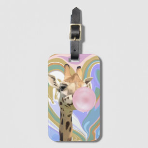 Étiquette À Bagage Fun Bubblegum soufflant Giraffe Liquide Swirl Bleu