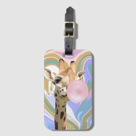 Étiquette À Bagage Fun Bubblegum soufflant Giraffe Liquide Swirl Bleu (Devant Vertical)
