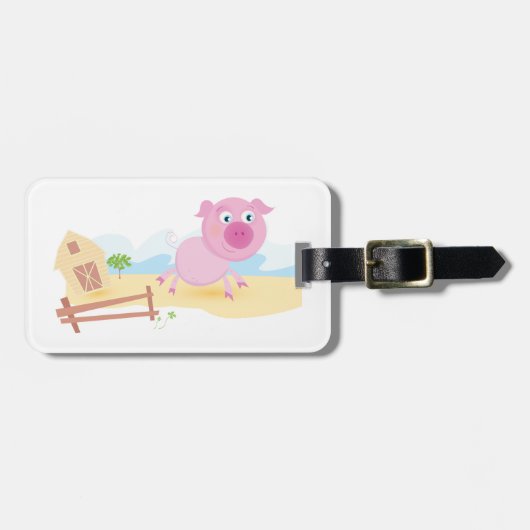 Étiquette À Bagage Fun Pig sur ferme avec grange et clôture (Devant horizontal)