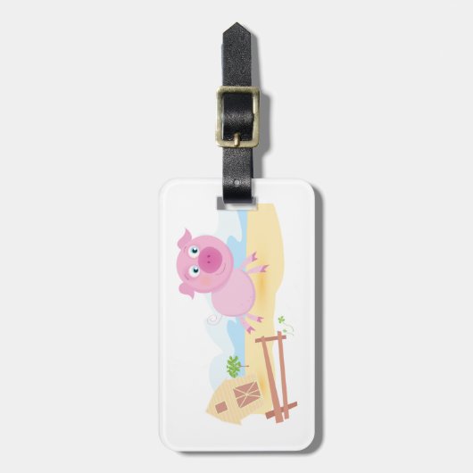 Étiquette À Bagage Fun Pig sur ferme avec grange et clôture (Devant Vertical)