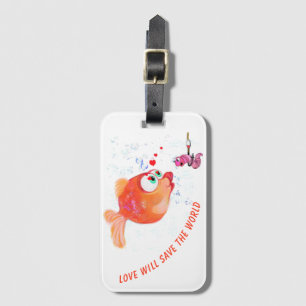 Étiquette À Bagage Funny Fish and Worm Love Romantic Drawing