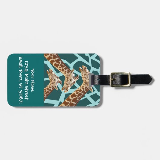 Étiquette À Bagage Funny Giraffe Imprimer Turquoise bleu sauvage Moti (Devant horizontal)