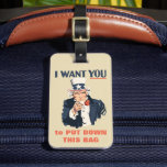 Étiquette À Bagage Funny Oncle Sam Patriotic Message personnalisé<br><div class="desc">Oncle Sam est là pour garder vos bagages à l'abri des mains. Vous pouvez customiser le texte rouge sur le devant de la balise avec votre propre message. Le dos est prêt pour vous d'ajouter vos coordonnées ou d'autres messages. Cette étiquette à bagages est dans le style de l'affiche de...</div>
