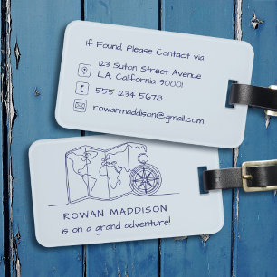 Étiquette À Bagage Garçons Carte du monde bleu et boussole Dessin au