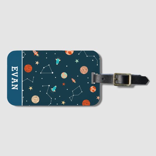 Étiquette À Bagage Garçons Cool Planètes spatiales Rockets & Nom Enfa (Devant Horizontal)