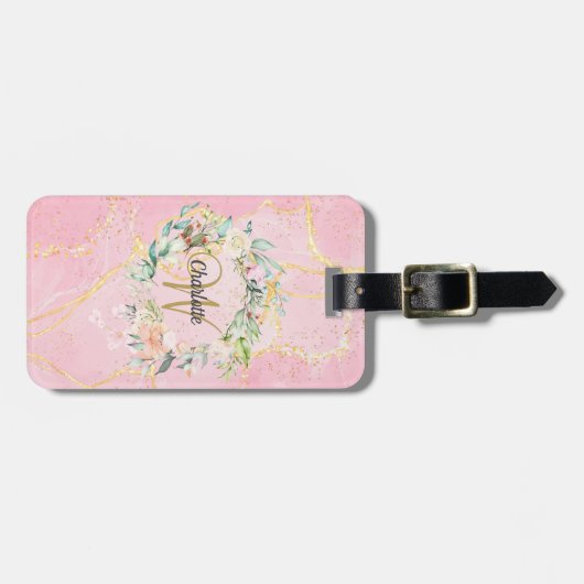 Étiquette À Bagage Géode Agate Gold Script Monogramme Floral (Devant horizontal)