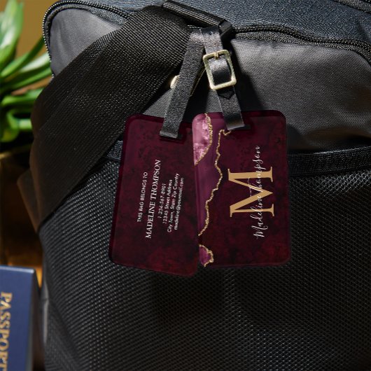 Étiquette À Bagage Géode Agate Stylé Monogramme Bourgogne