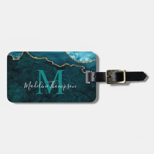 Étiquette À Bagage Géode Agate Stylé Monogramme vert Turquoise (Devant horizontal)