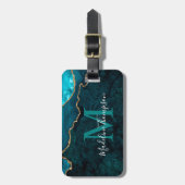 Étiquette À Bagage Géode Agate Stylé Monogramme vert Turquoise (Devant Vertical)
