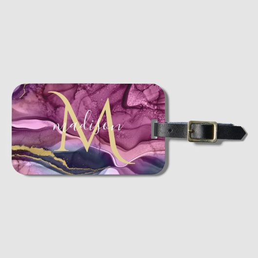 Étiquette À Bagage Géode d'agate violet rose et or Monogramme (Devant Horizontal)