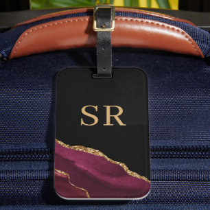 Étiquette À Bagage Géode de monogramme en agate or rouge de Bourgogne
