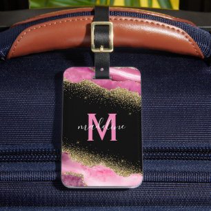 Étiquette À Bagage Géode rose monogramme