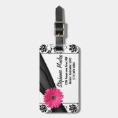 Étiquette À Bagage Gerbera rose marguerite noir blanc damassé Floral (Devant Vertical)