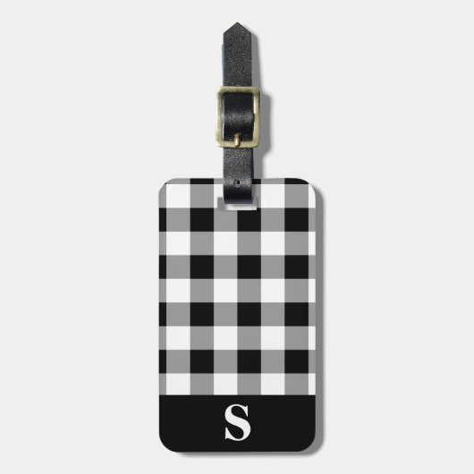Étiquette À Bagage Gingham noir et blanc à monogramme (Devant Vertical)