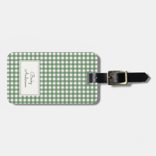 Étiquette À Bagage Gingham Pattern in Green with Name and Contact (Devant horizontal)