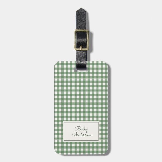 Étiquette À Bagage Gingham Pattern in Green with Name and Contact (Devant Vertical)