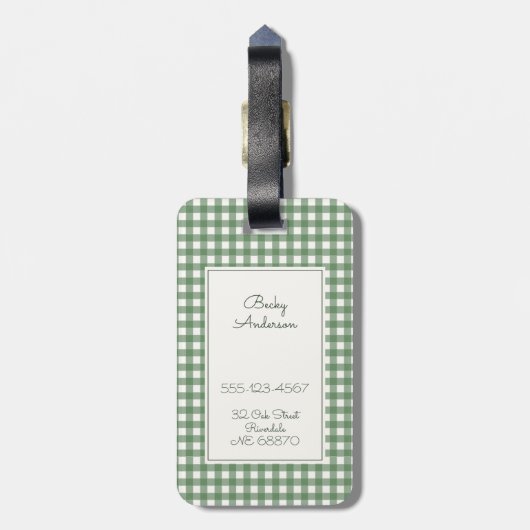 Étiquette À Bagage Gingham Pattern in Green with Name and Contact (Dos Vertical)