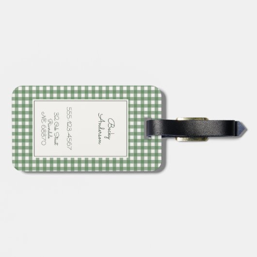 Étiquette À Bagage Gingham Pattern in Green with Name and Contact (Dos horizontal)