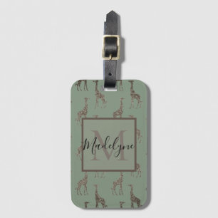 Étiquette À Bagage Giraffe d'or sur le Monogramme vert Sage