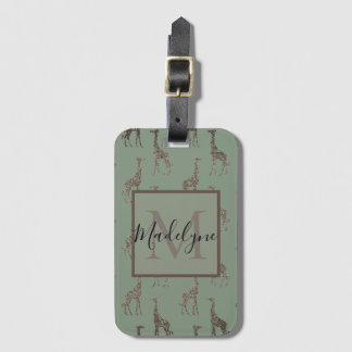 Étiquette À Bagage Giraffe d'or sur le Monogramme vert Sage