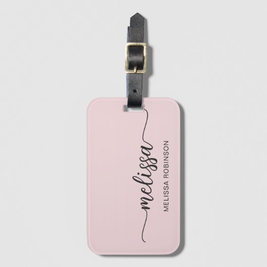 Étiquette À Bagage Girly Blush Rose Monogramme Nom Signature Script (Devant Vertical)