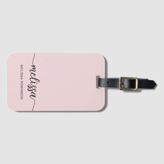 Étiquette À Bagage Girly Blush Rose Monogramme Nom Signature Script (Devant Horizontal)