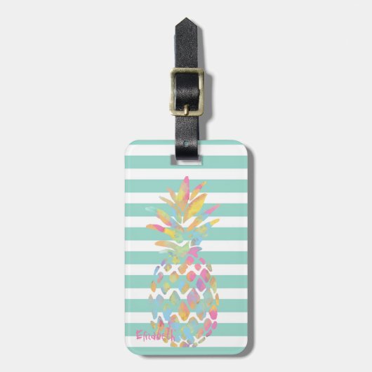 Étiquette À Bagage Girly Coloré Ananas Menthe Rayures Blanches (Devant Vertical)