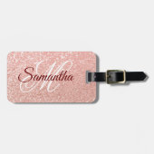 Étiquette À Bagage Girly Faux Rose Parties scintillant or Monogramme (Devant horizontal)