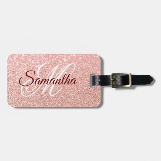 Étiquette À Bagage Girly Faux Rose Parties scintillant or Monogramme (Devant horizontal)