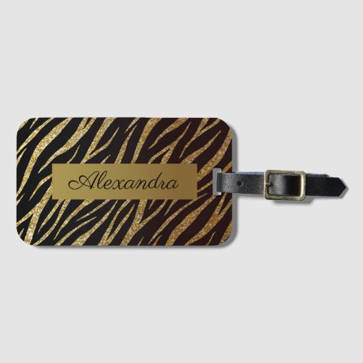 Étiquette À Bagage Girly Luxury Black Gold Classy Zebra Personnalisé (Devant Horizontal)