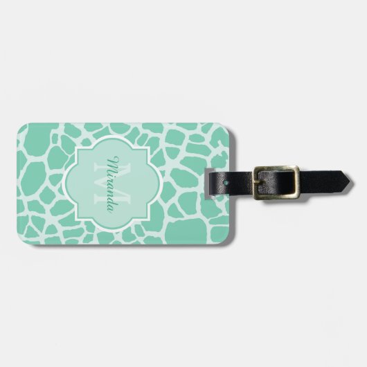Étiquette À Bagage Girly Mint Green Giraffe Imprimer Monogramme et no (Devant horizontal)