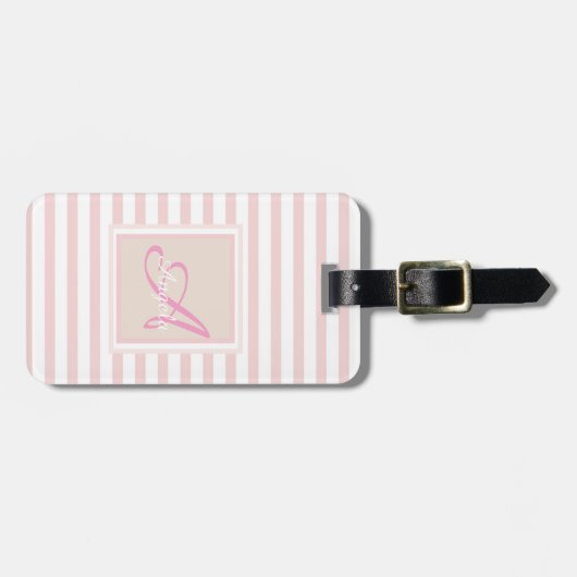 Étiquette À Bagage Girly Pink Stripe Monogramme personnalisé (Devant horizontal)