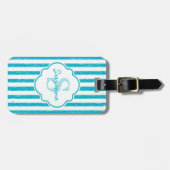 Étiquette À Bagage Girly Turquoise Peint Stripes Monogramme et nom (Devant horizontal)